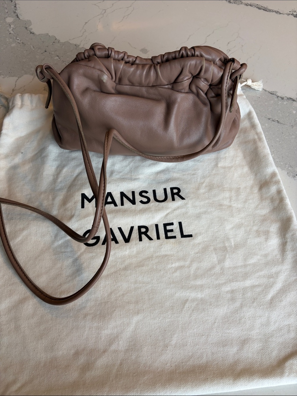 Mansur Gavriel Taupe Brown Ruched Mini Crossbody Bag